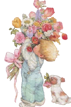 Boy, Blumenstrauß, Hündchen, - Gratis animeret GIF