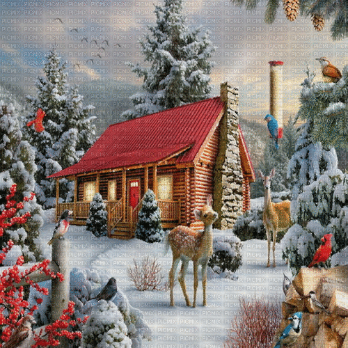 animated winter animals cabin background - 無料のアニメーション GIF