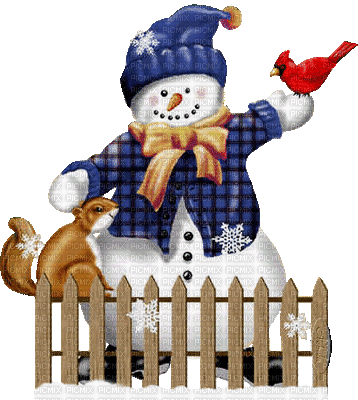 Snowman, Cardinal, Squirrel, and Fence - Gratis geanimeerde GIF