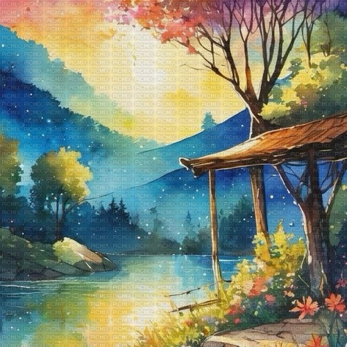 painting green yellow blue landscape background - png ฟรี