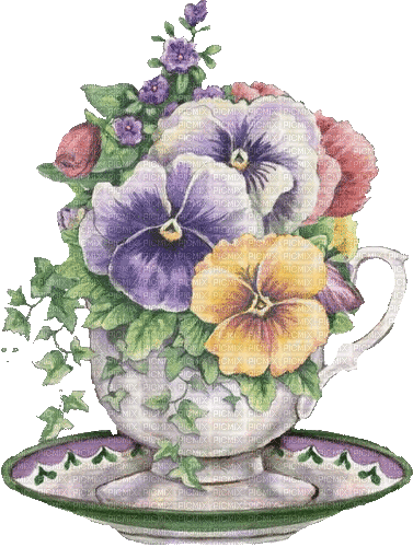 Stiefmütterchen, Tasse, Efeu, Vintage, Blumen - GIF animé gratuit