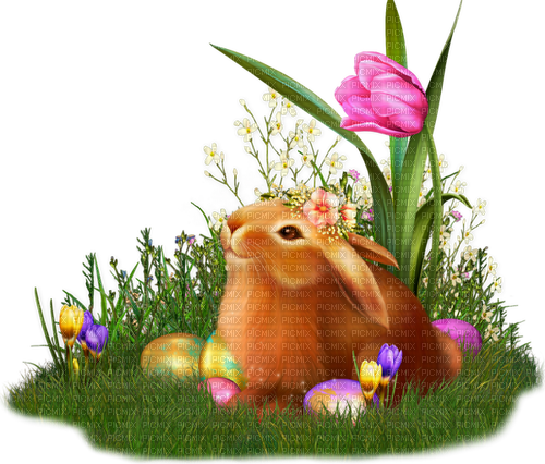 Easter.Cluster.Bunny.Rabbit.Flowers.Eggs.Grass - безплатен png