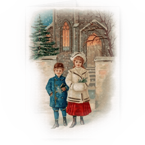Kinder, Kirche Winter, Vintage - png ฟรี