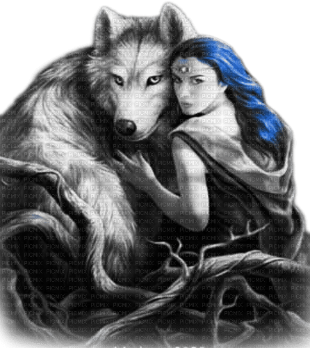 soave woman gothic fantasy wolf black white blue - PNG gratuit
