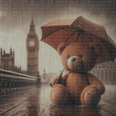 London Rain & Teddy Bear - GIF animé gratuit