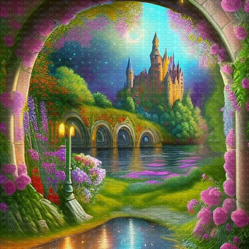 fantasy castle green pink blue background - 免费PNG