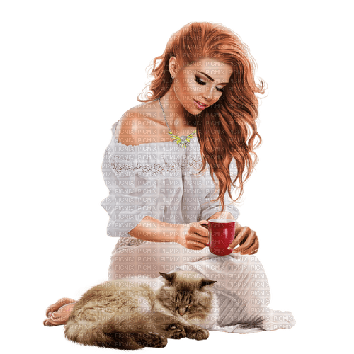 Woman with her cat. Coffee. Leila - nemokama png