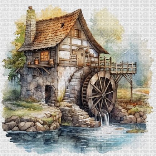 house with water weel - 免费PNG