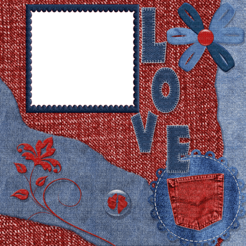 Jeans Frame Blue Red White Flower Button - Bogusia - gratis png