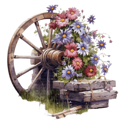 fleurs sur roue chariot - Free PNG