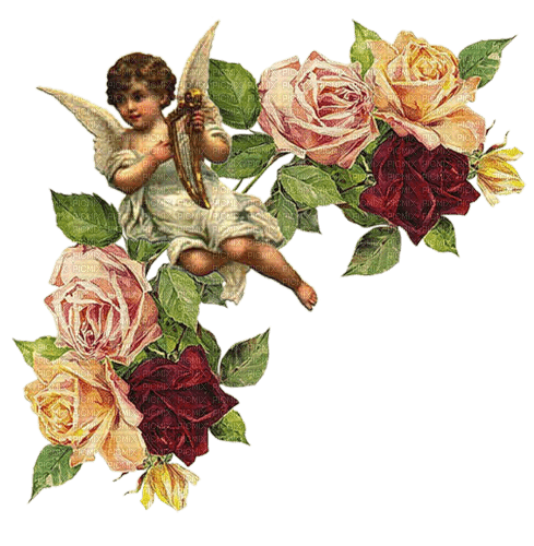 angel ange engel fantasy fille girl child flower fleur fleurs vintage blumen rose roses border tube person - PNG gratuit