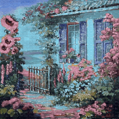 fondo casa flores rosa azul gif dubravka4 - GIF animado grátis