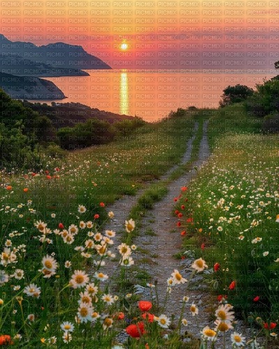flowers path sunset background - ücretsiz png