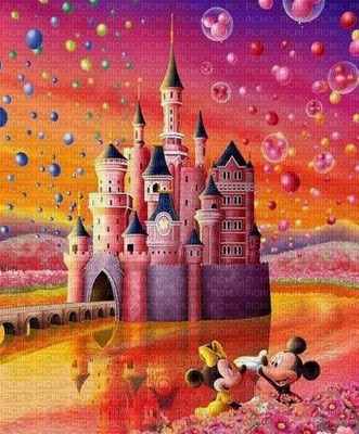 image encre bon anniversaire fantaisie château  color effet ballons Minnie Mickey Disney fleurs  edited by me - png gratis