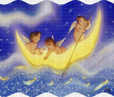 Three Cherubs rowing Moon boat - Nemokamas animacinis gif