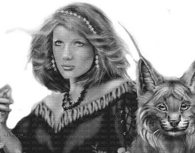 Y.A.M._Fantasy woman girl lynx black-white - png grátis