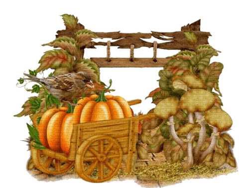 Herbst, Vogel, Schubkarre, Kürbisse, Pilze - zadarmo png