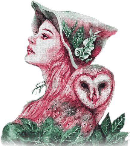 soave woman bird owl fantasy pink green - фрее пнг