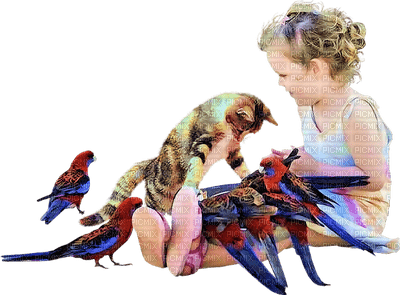 Kaz_Creations Baby Enfant Child Girl Cat Kitten Birds Parrots - PNG gratuit