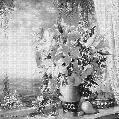 Y.A.M._Vintage Window flowers black-white - Zdarma animovaný GIF