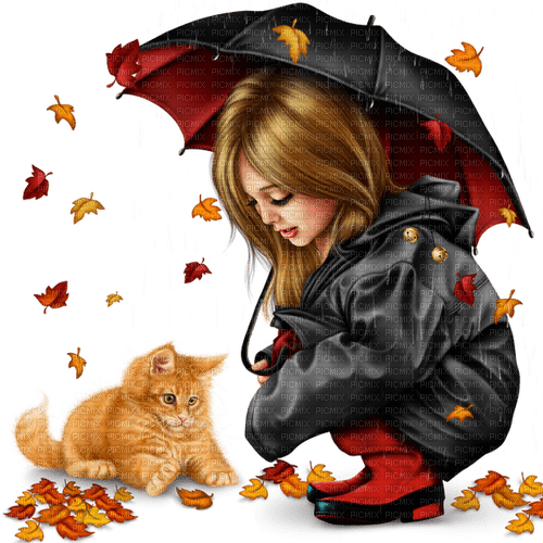 Girl, cat, umbrella. Fall. Autumn. Leila - png ฟรี