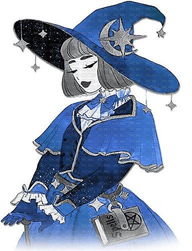 soave halloween witch anime girl black white blue - nemokama png