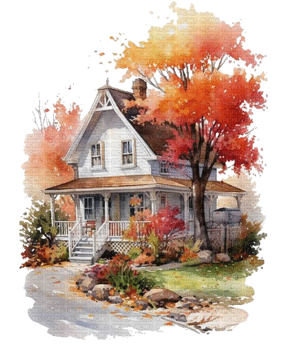 autumn, house, watercolor,  maison, aquarelle, - GIF animasi gratis