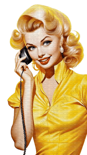 vintage woman yellow telephone - Free PNG