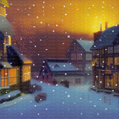 Sunset Snow Village - Бесплатни анимирани ГИФ