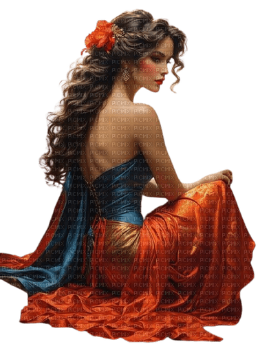 woman orange red blue dress - PNG gratuit