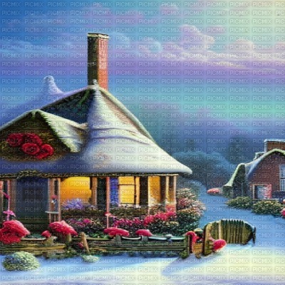 Snow Cottage with Red Roses - zdarma png