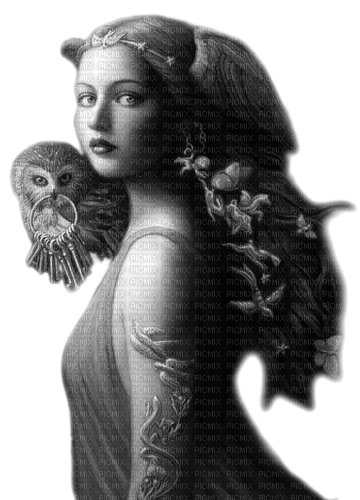 Woman.Owl.Fantasy.Black.White - KittyKatLuv65 - 免费PNG