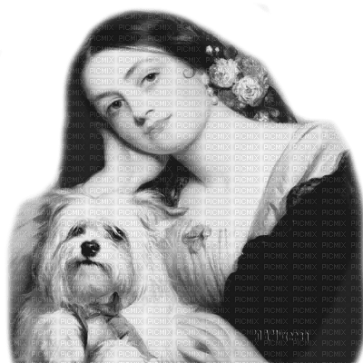 Y.A.M._Vintage Lady woman dog black-white - darmowe png