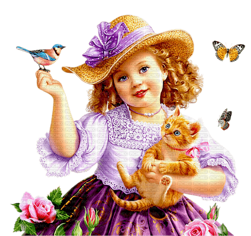 Spring little girl and cat - PNG gratuit