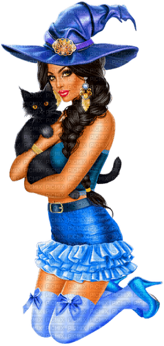 Woman.Witch.Halloween.Cat.Black.Blue - png gratis