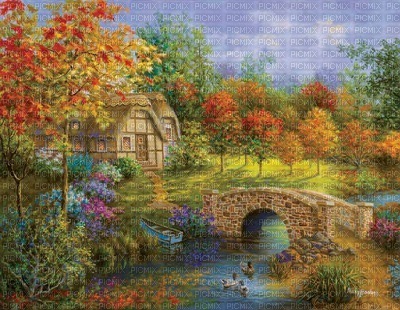 Small Cottage with Stone Bridge - gratis png