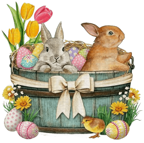 Ostern, Hasen, Kübel, Eier, Blumen - zdarma png