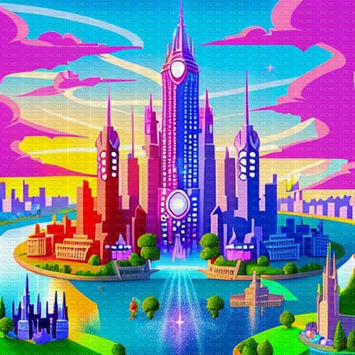 rainbow city background - Free PNG