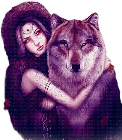 soave woman fantasy autumn wolf friends blue - PNG gratuit