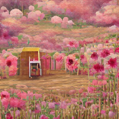 Pink Flower Field with Wooden Shack - nemokama png