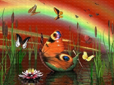 image encre la nature paysage fleurs papillon edited by me - 免费PNG