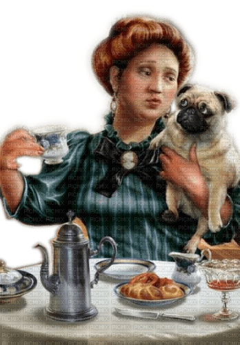 Rena Vintage Woman Frau Hund Dog Mops Teatime - png ฟรี