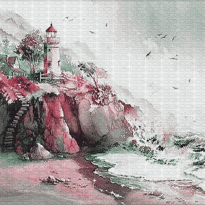 soave background animated lighthouse PINK green - 無料のアニメーション GIF