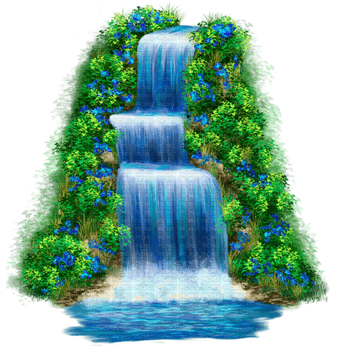 Waterfall.Flowers.Grass.Blue.Green - png gratuito