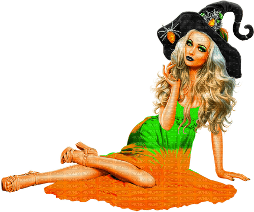 Woman.Witch.Halloween.Black.Green.Orange - png gratuito