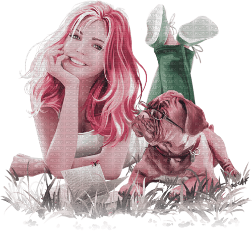 soave woman girl dog book spring summer pink green - PNG gratuit