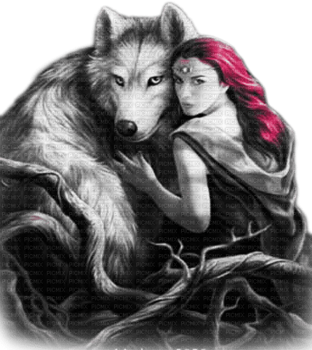 soave woman gothic fantasy wolf black white pink - Free PNG