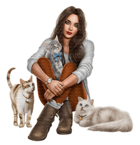Woman with her cats. Leila - gratis png
