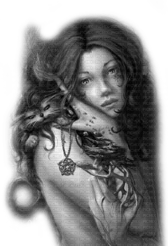Y.A.M._Gothic Fantasy woman girl cat black-white - png ฟรี