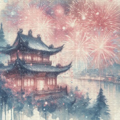 Chinese Building and Fireworks - Pastel - Free PNG